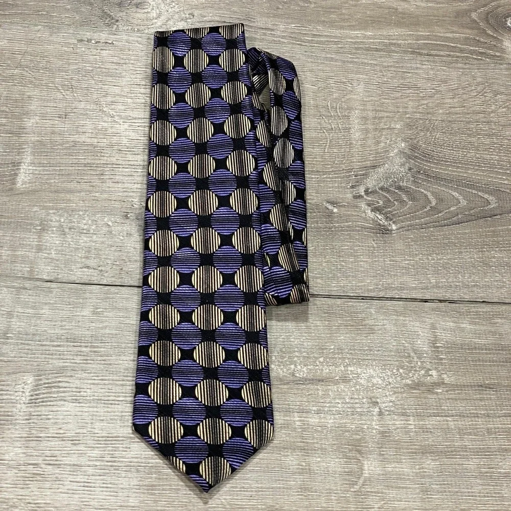 Jhane Barnes Tie Mens One Size Blue Beige Geometric Circle‎ Silk Necktie Classic